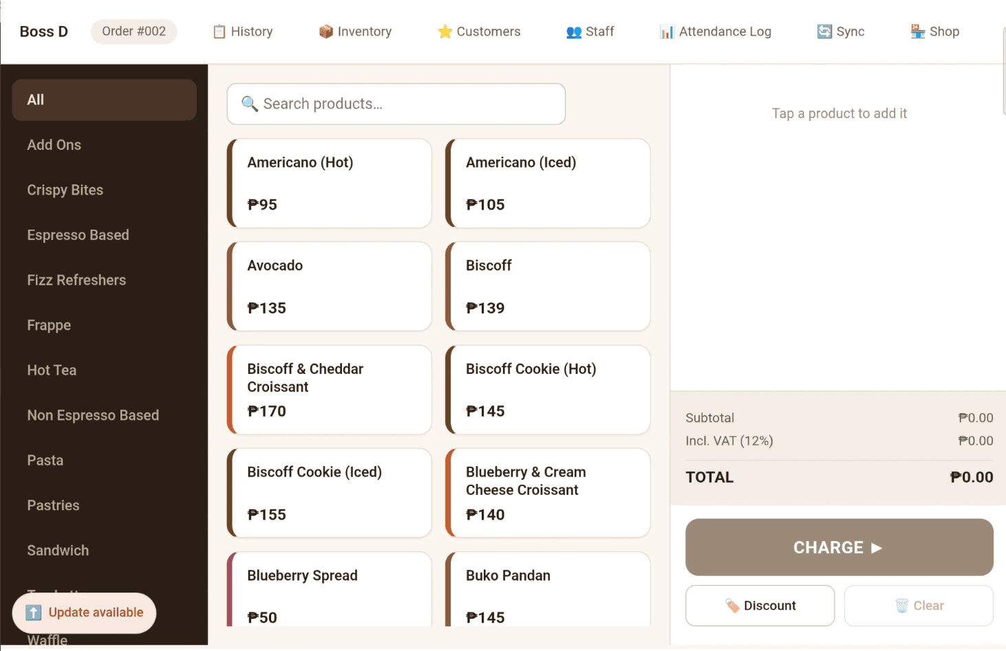 The EspressOS POS order screen on a tablet — category sidebar, searchable product grid, and the running order with subtotal, VAT, and total.